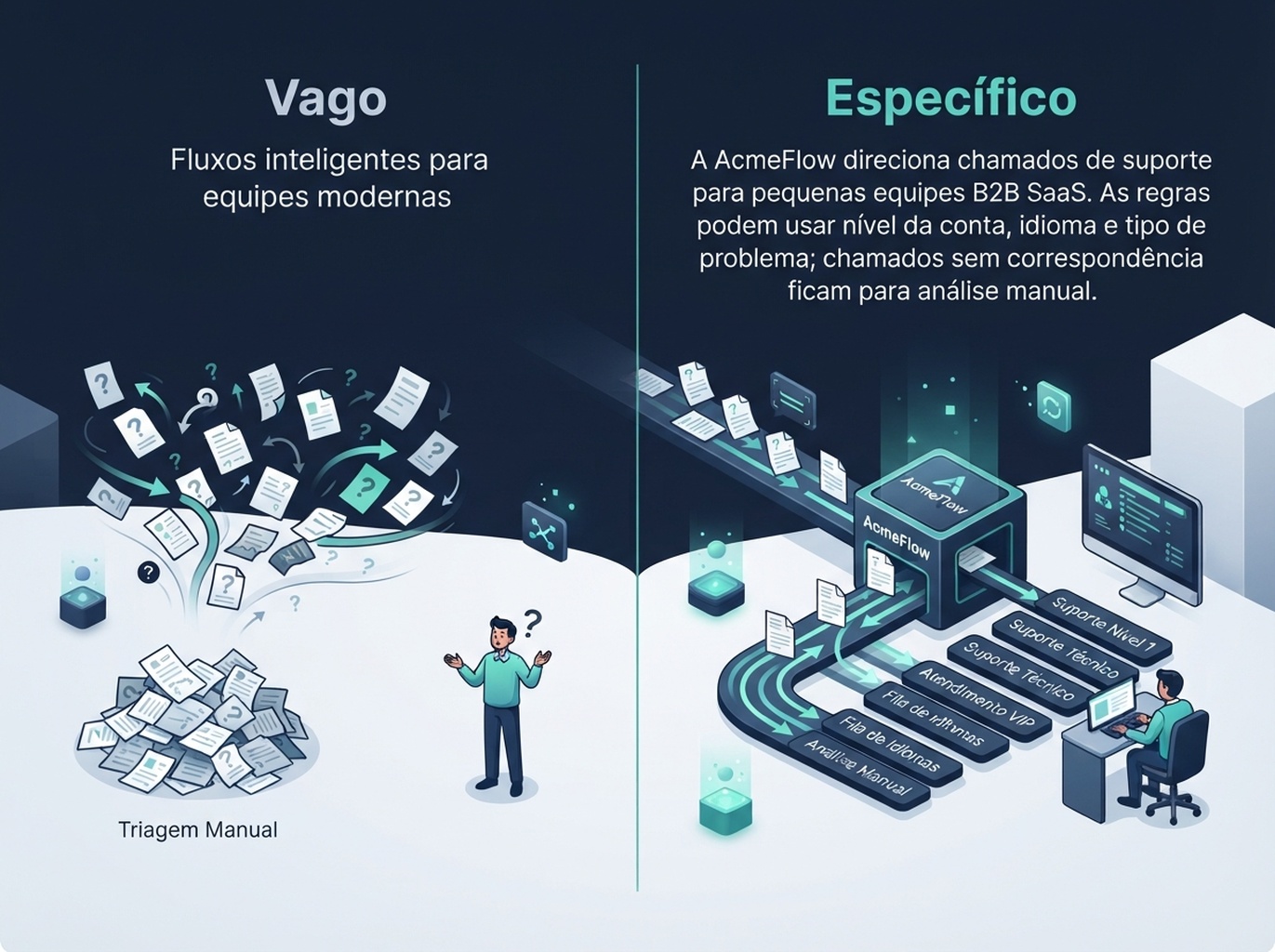 Comparação de texto fictício da AcmeFlow que explica claramente o direcionamento de suporte e suas limitações