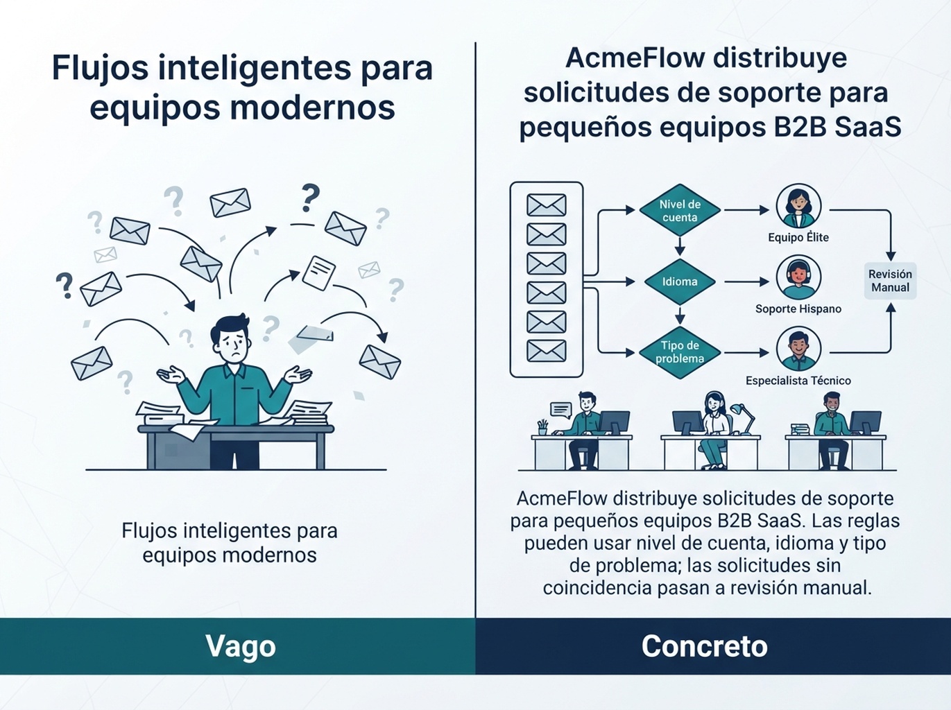 Comparación de textos ficticios de AcmeFlow que explican con claridad la asignación de solicitudes y sus límites