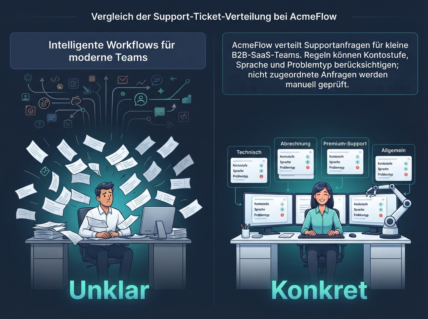 Vergleich fiktiver AcmeFlow-Texte, die Support-Weiterleitung und Einschränkungen klar erklären