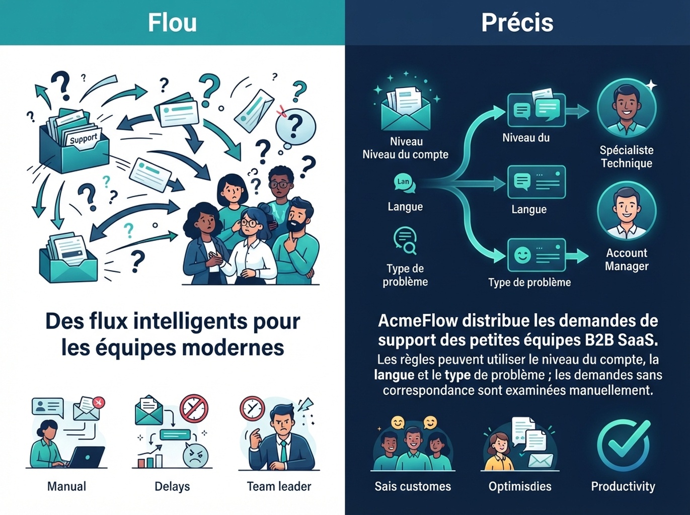 Comparaison de textes fictifs d’AcmeFlow qui décrivent clairement le routage du support et ses limites