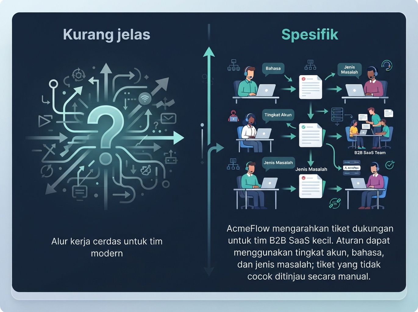 Perbandingan teks fiktif AcmeFlow yang menjelaskan kemampuan dan batasan pengarahan dukungan dengan jelas