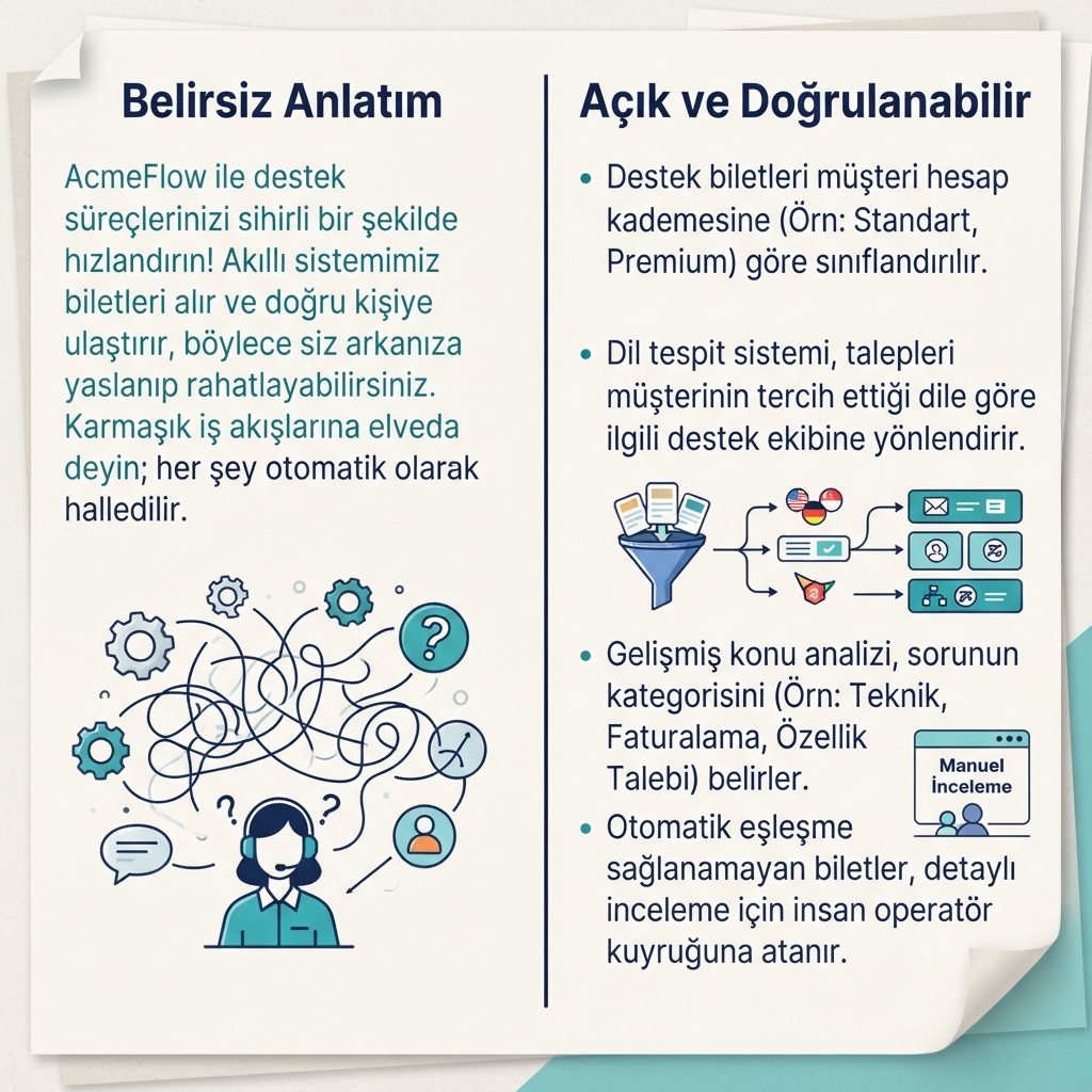Kurgusal AcmeFlow ürün metninin bilet yönlendirme özelliğini ve sınırlarını açıkça anlatacak biçimde yeniden yazılması