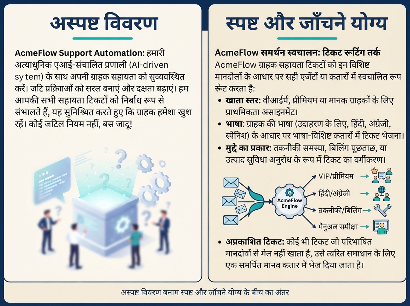 AcmeFlow का काल्पनिक पाठ, जिसमें टिकट रूटिंग की क्षमता और सीमाएँ साफ़ की गई हैं