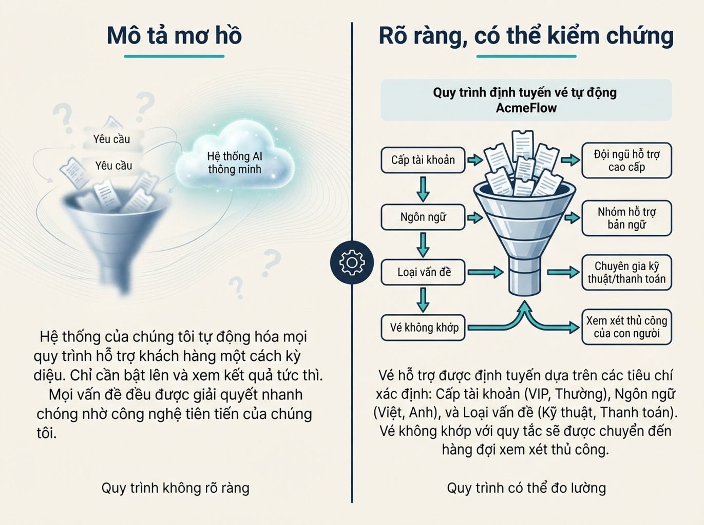 Nội dung AcmeFlow hư cấu được viết lại để trình bày rõ khả năng và giới hạn của việc phân tuyến yêu cầu