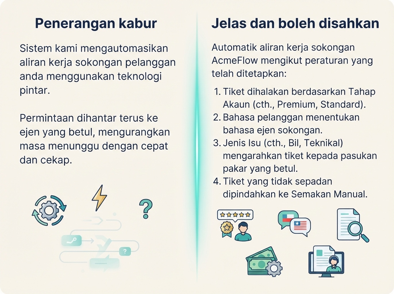 Teks rekaan AcmeFlow yang ditulis semula untuk menjelaskan keupayaan dan batasan penghalaan tiket