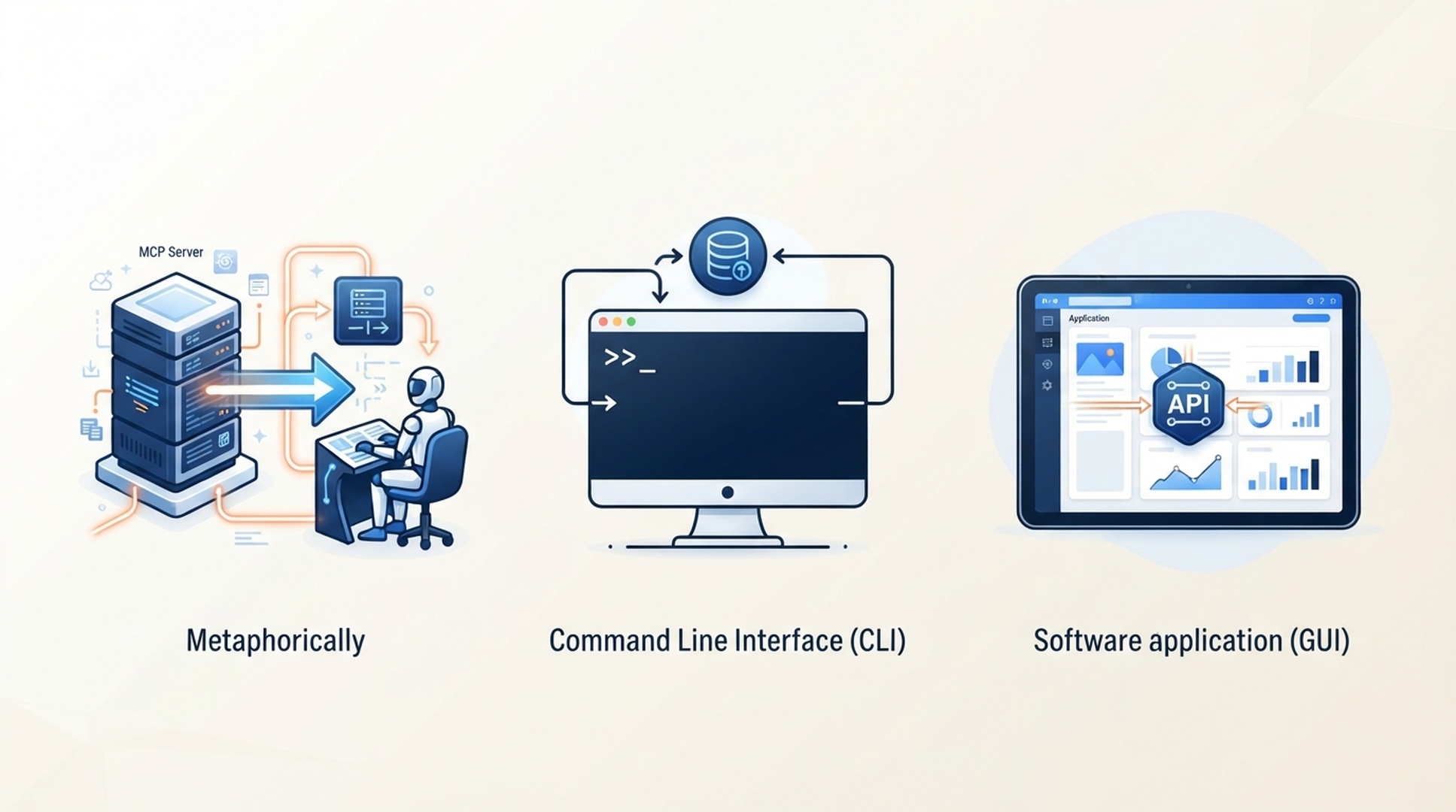 Comparación visual de tres formas de conectar DeepSeek Search: MCP, CLI y API directa.