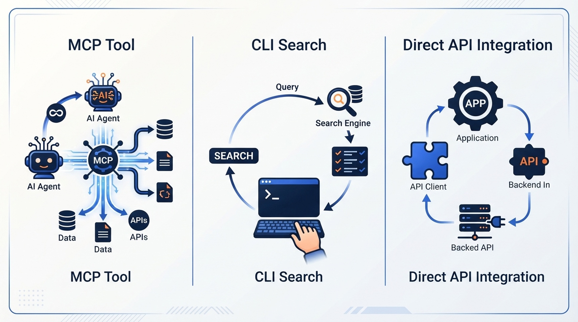 MCP、CLI、API 直接呼び出しという DeepSeek Search の 3 つの接続方法。