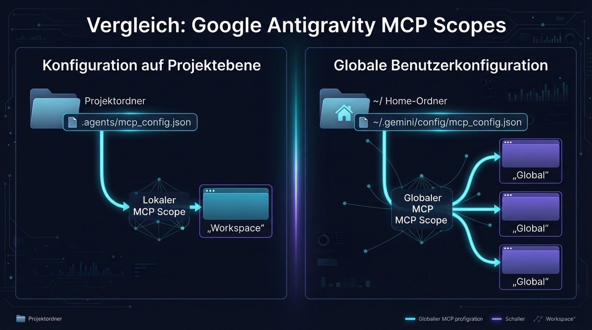 Workspace- und globale Antigravity-MCP-Konfigurationspfade und die Projekte, auf die sie zugreifen.