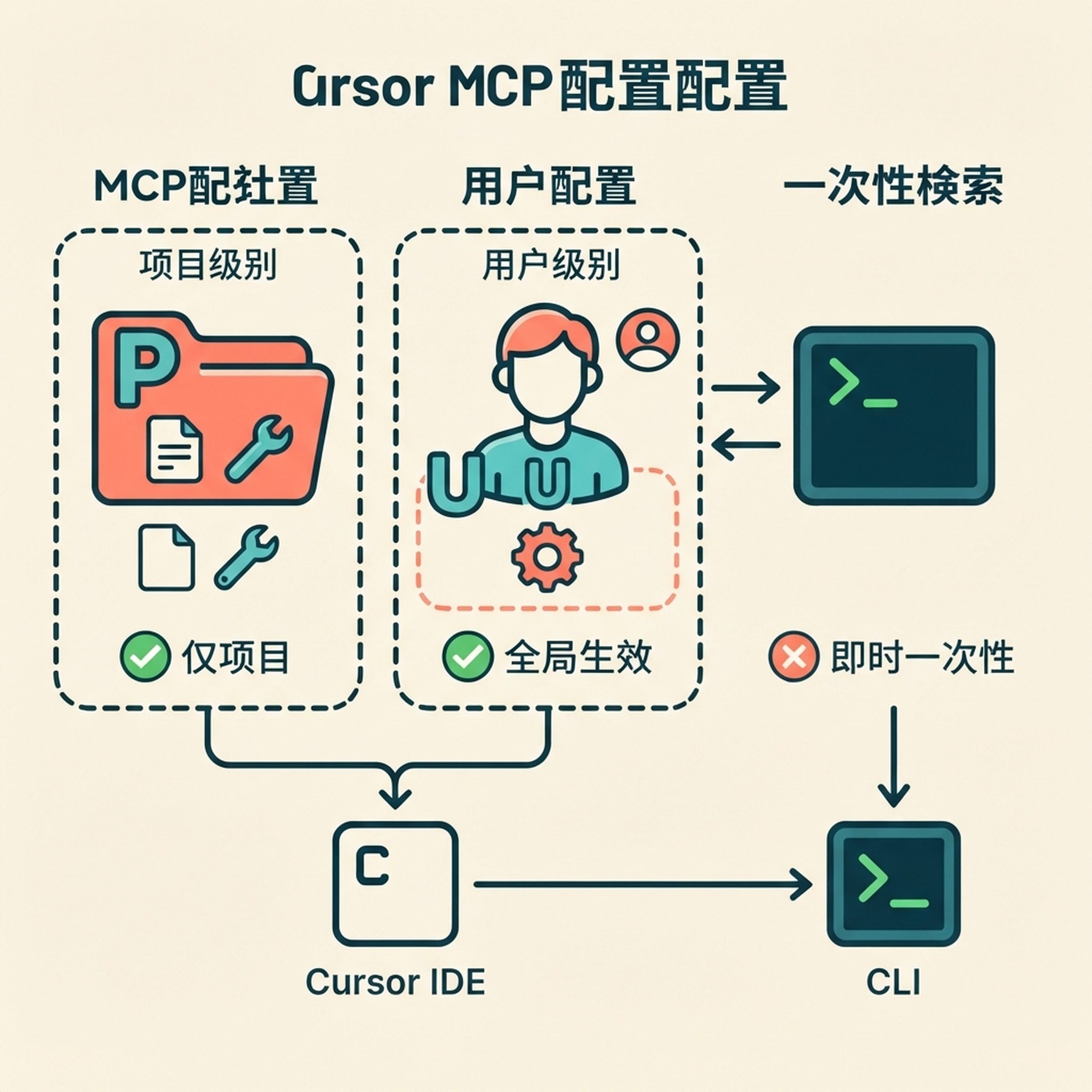 Cursor 项目级与个人级 MCP 配置作用范围，以及编辑器与 CLI 共用设置的示意图。
