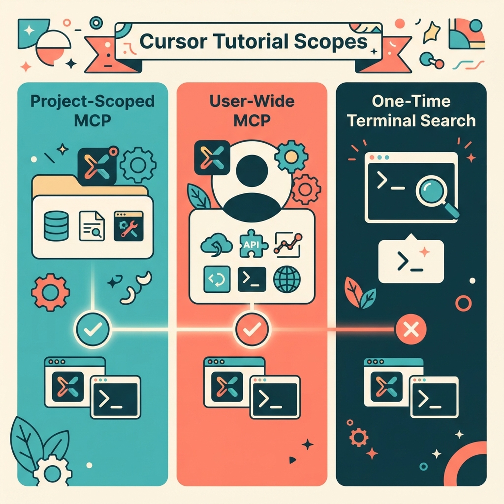 Alcances de la configuración MCP de Cursor para el proyecto y el usuario, con el editor y CLI compartiendo la configuración.