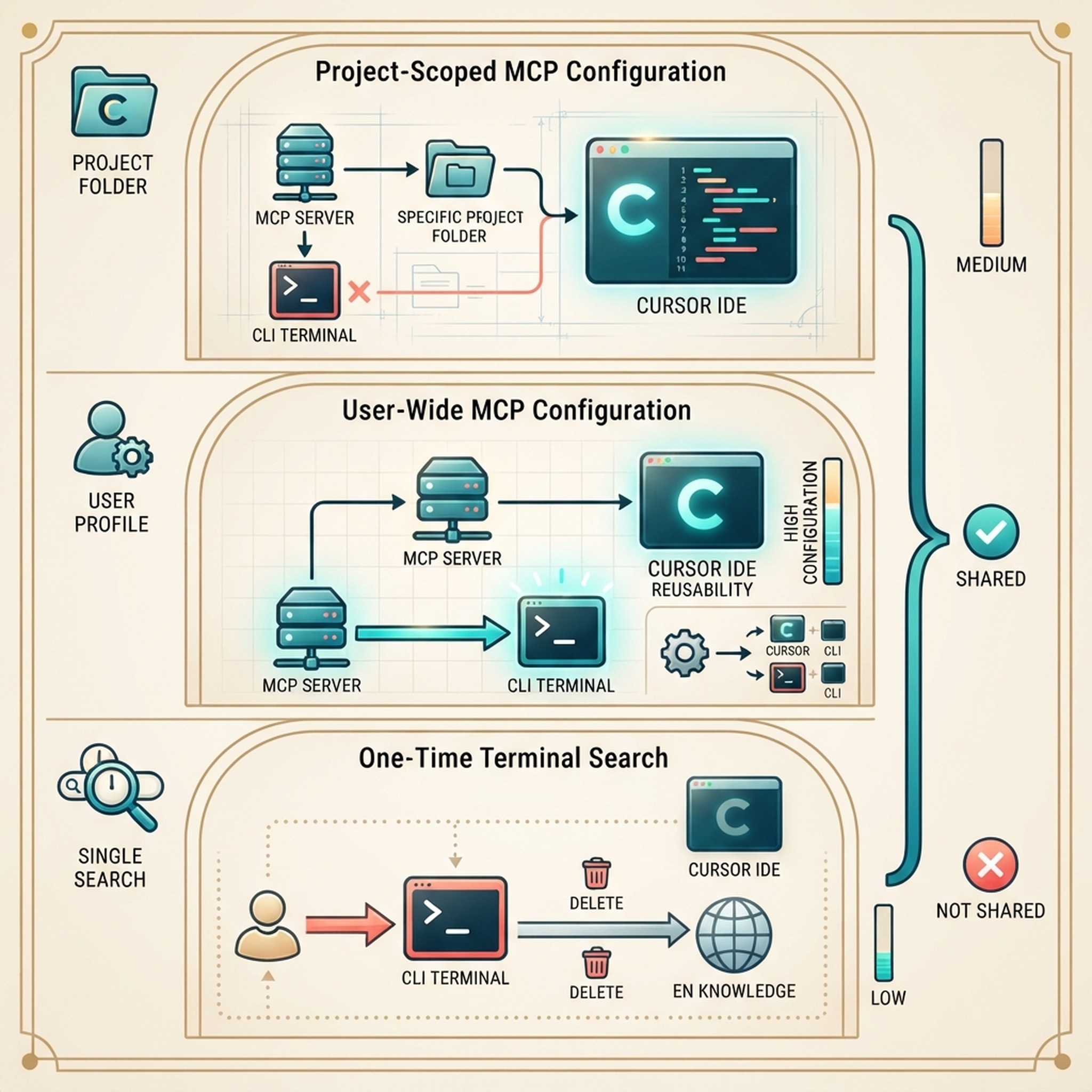 MCP-Konfigurationsbereiche von Cursor auf Projekt- und Benutzerebene; Editor und CLI teilen dieselbe Einrichtung.