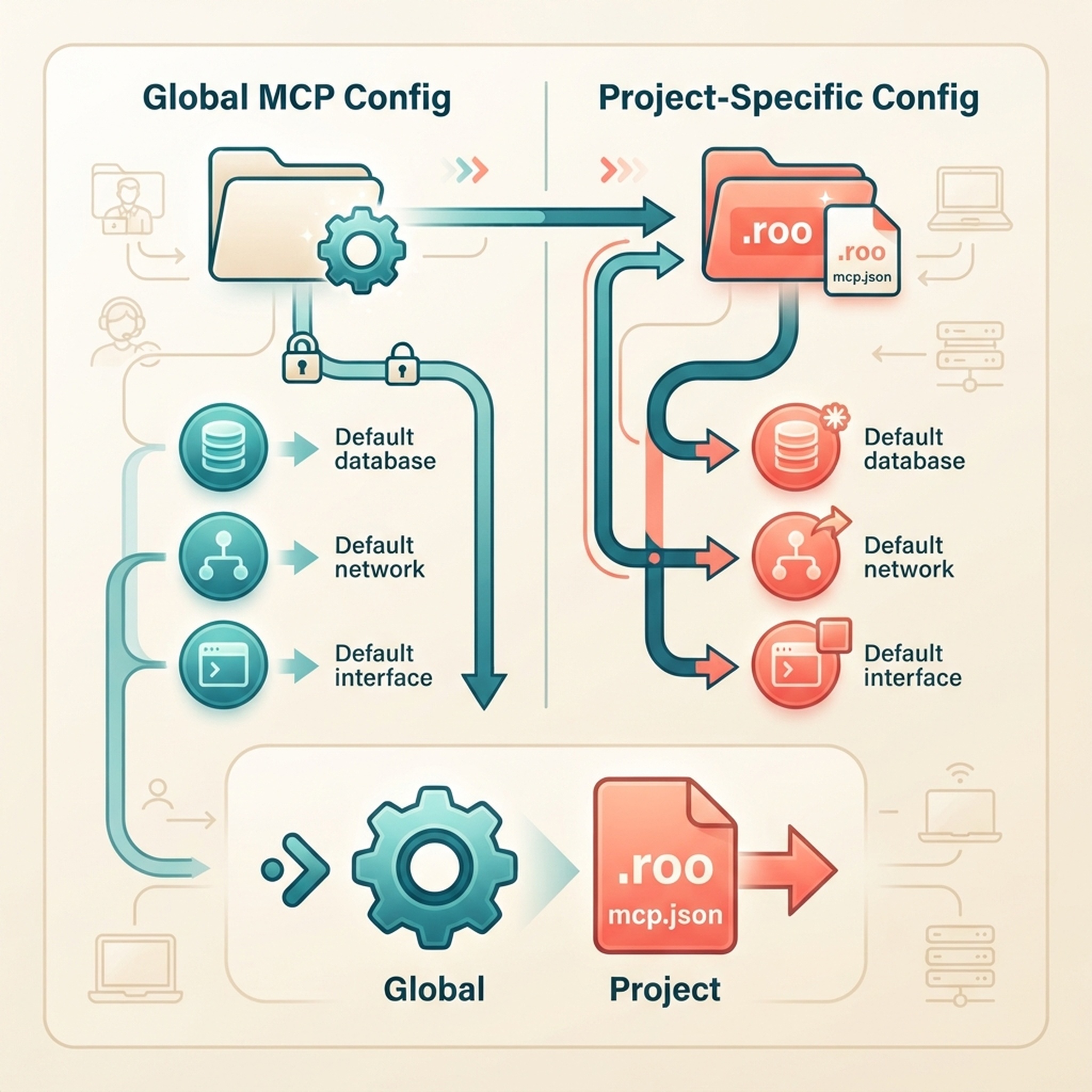 Alcance MCP global y de proyecto en Roo Code, con prioridad para la configuración del proyecto.