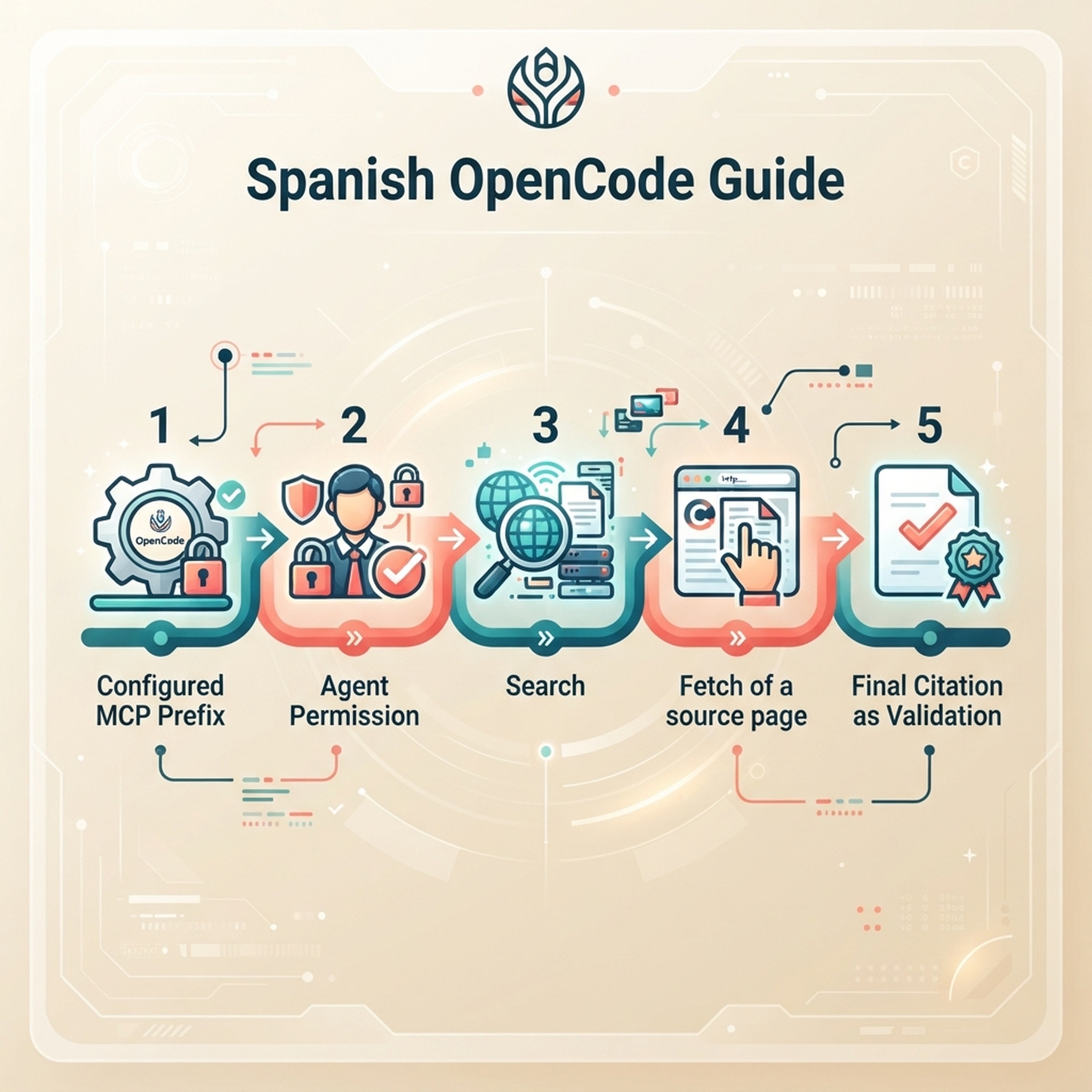 OpenCode comprueba el prefijo MCP y los permisos del agente antes de buscar, recuperar y citar una fuente.
