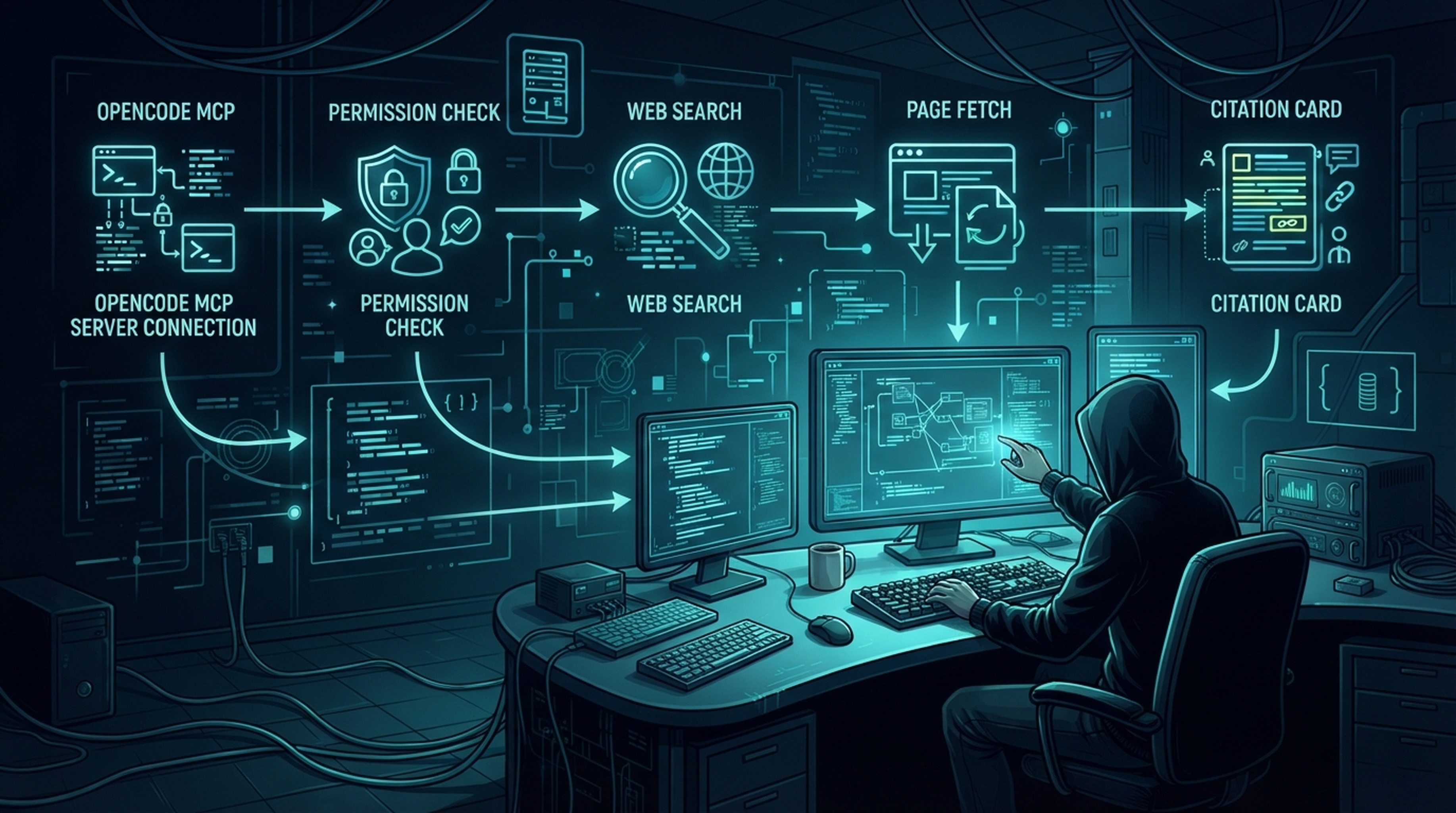 OpenCode が MCP 接続、Agent 権限、Search、Fetch、引用の順に確認するフロー。