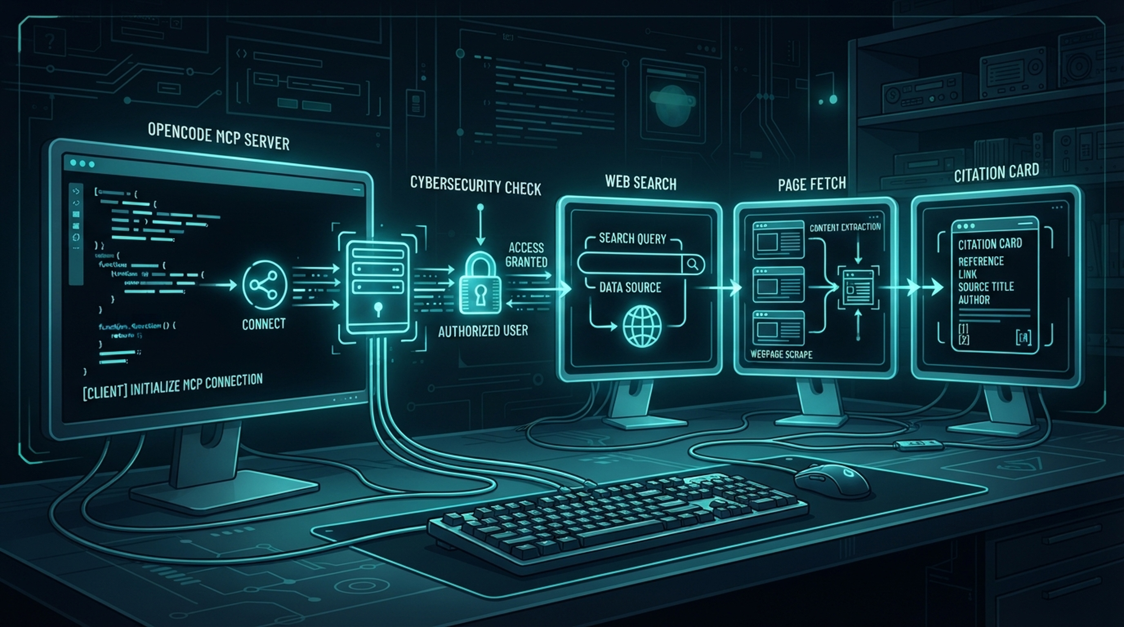 Prüfablauf in OpenCode: MCP-Verbindung und Agent-Berechtigungen kontrollieren, suchen, abrufen und Quelle zitieren.