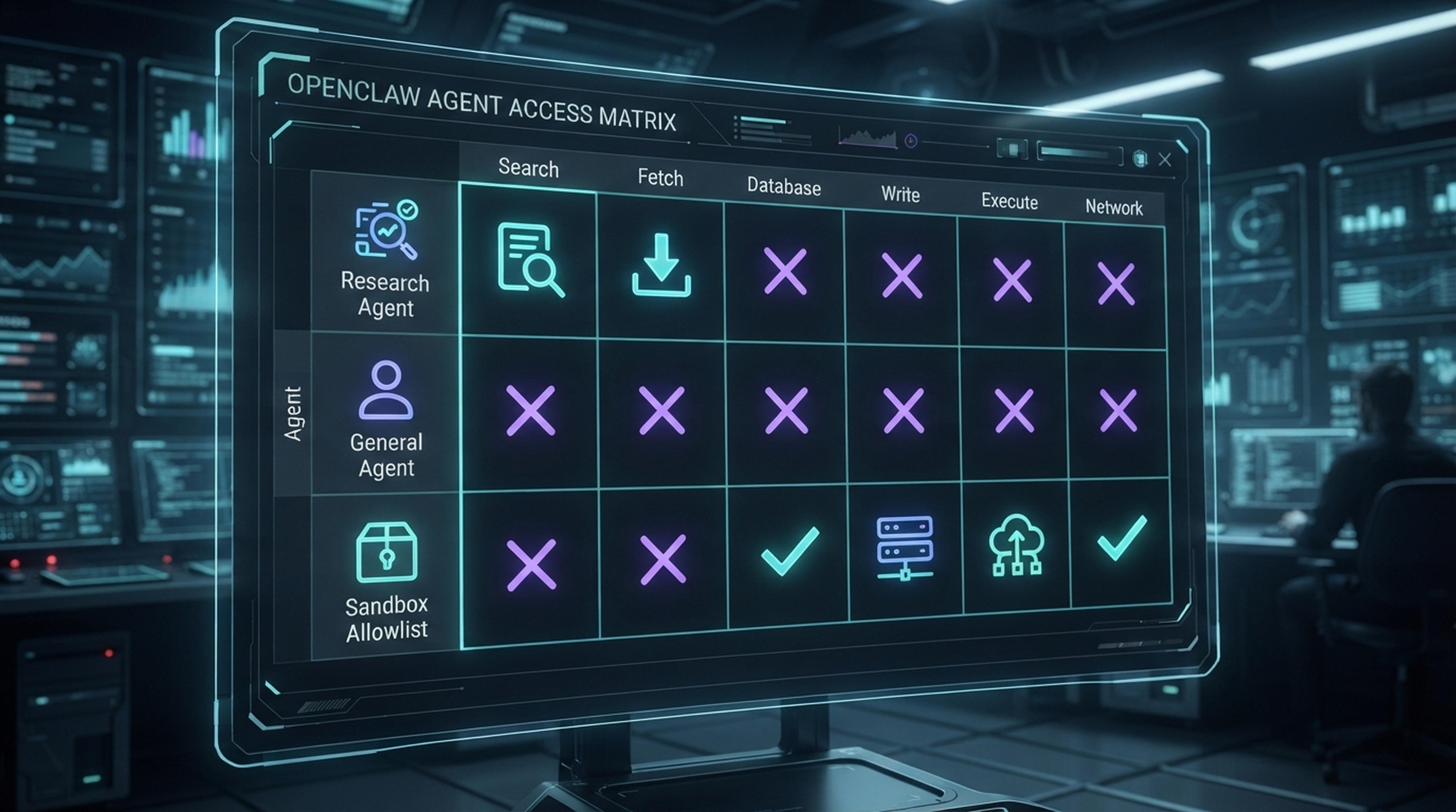 OpenClaw の権限マトリクス。調査 Agent は Search と Fetch を利用でき、一般 Agent には公開しません。