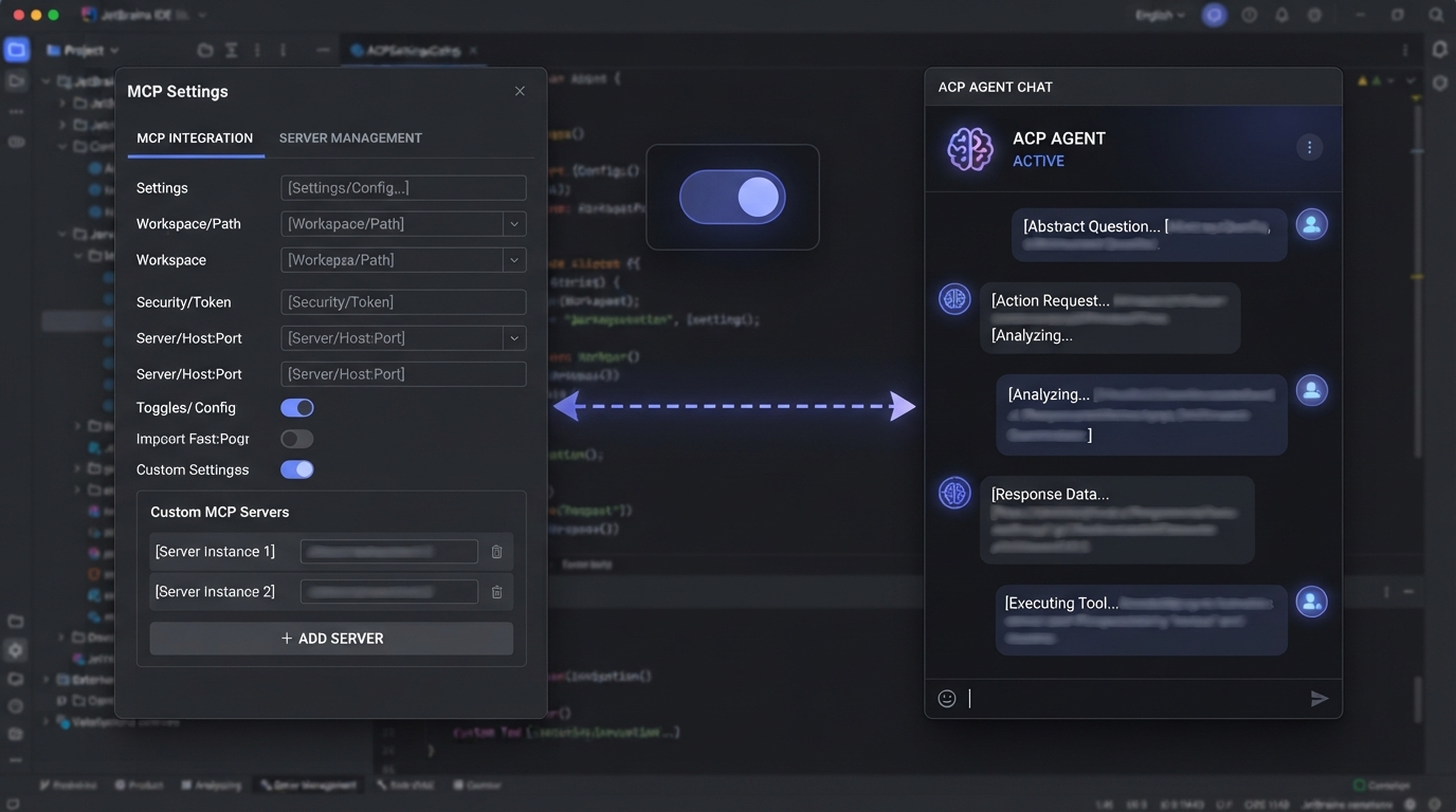 JetBrains MCP 设置中的服务器需要通过单独的选项传递给 ACP Agent。