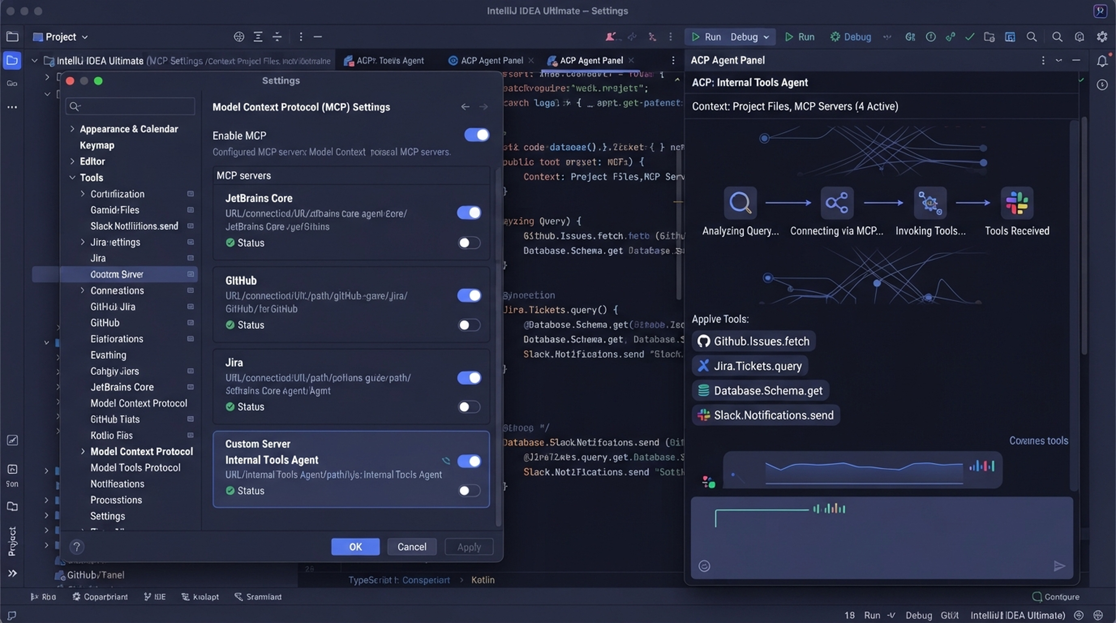 Ein eigener Schalter in JetBrains gibt konfigurierte MCP-Server an ACP-Agents weiter.