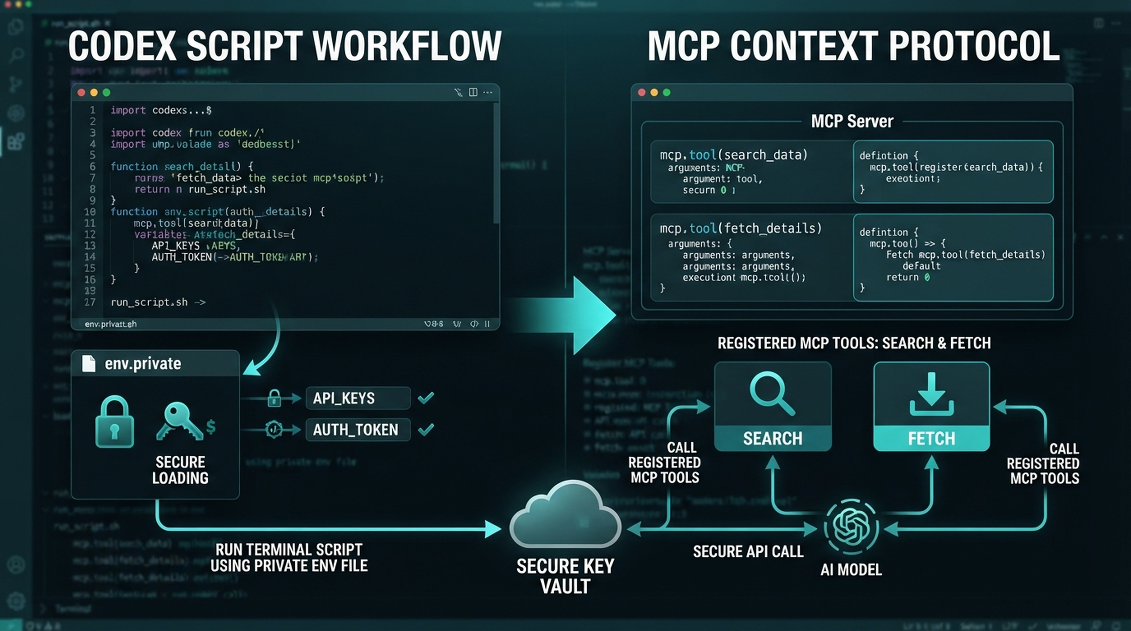 Codex 連携の 2 経路。スクリプトと MCP はどちらも秘密の環境ファイルを使い、スクリプトはプロジェクト指示から端末コマンドを実行し、MCP は名前付きツールを登録します。