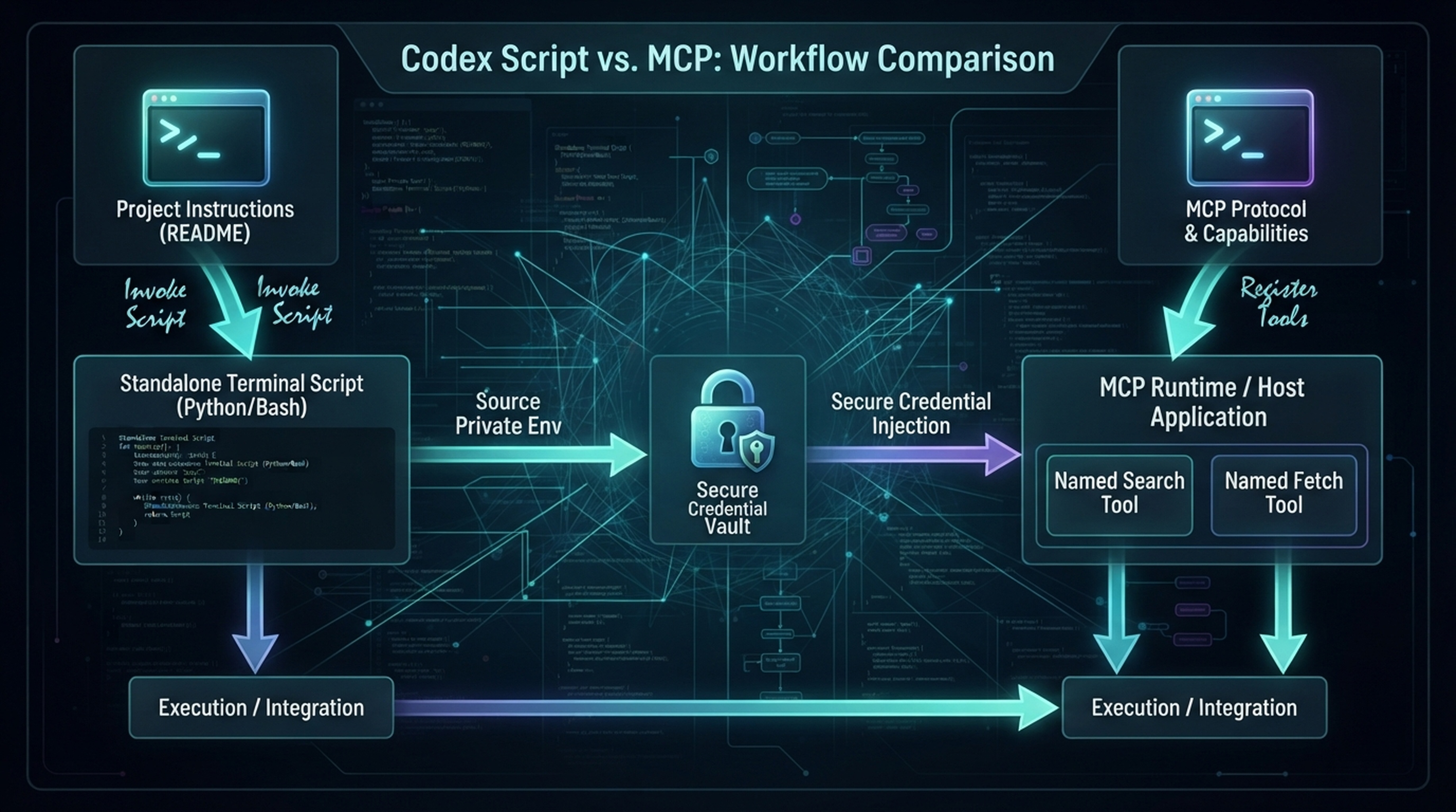 Codex 연결 네 가지 경로 중 스크립트와 MCP는 모두 비공개 환경 파일을 사용하며, 프로젝트 지침을 통한 터미널 실행과 MCP 이름 지정 도구 등록을 비교합니다.