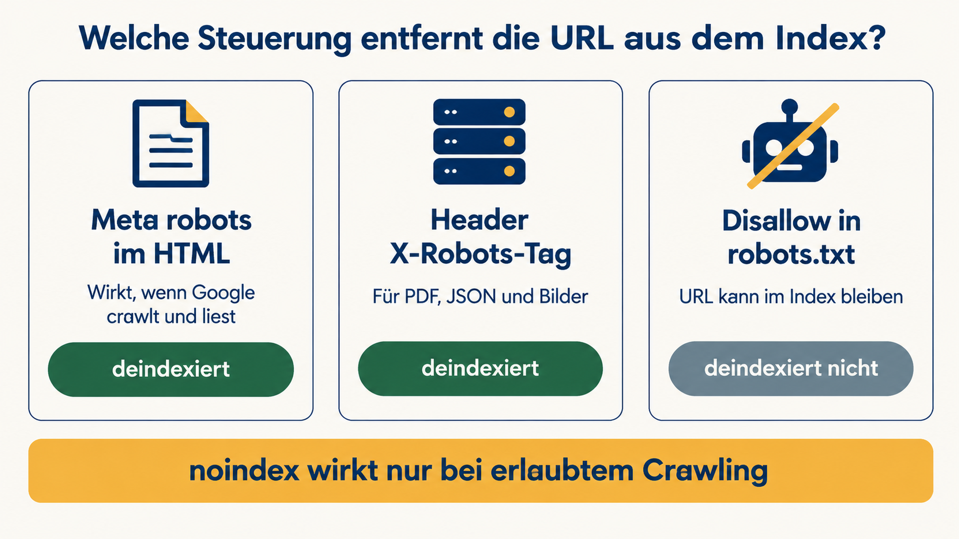 Entscheidungsfluss, der zeigt, wann das robots-Meta-Tag greift, wann der X-Robots-Tag-Header und warum ein Disallow in der robots.txt nie deindexiert
