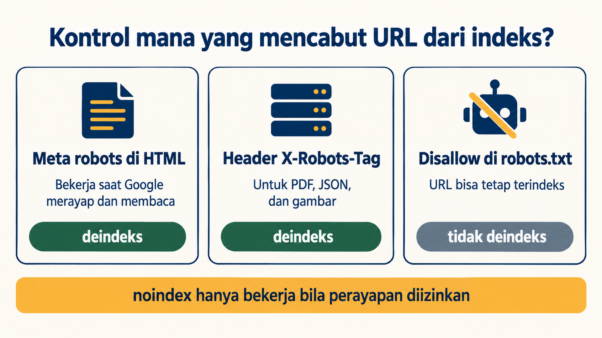 Diagram keputusan yang menunjukkan kapan tag meta robots dipakai, kapan header X-Robots-Tag, dan mengapa Disallow di robots.txt tidak pernah mendeindeks