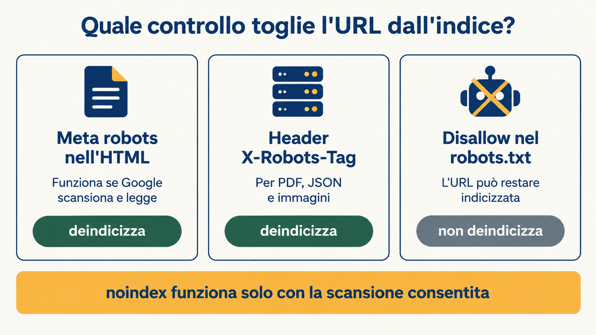 Diagramma decisionale che mostra quando usare il meta tag robots, quando l'header X-Robots-Tag e perché un Disallow nel robots.txt non deindicizza mai