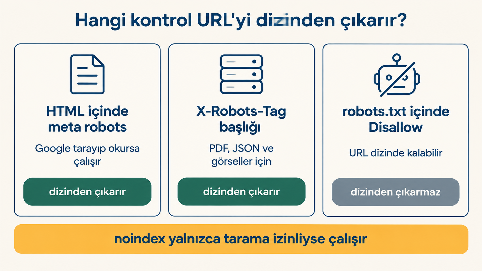 robots meta etiketinin ne zaman işe yaradığını, X-Robots-Tag başlığının ne zaman kullanılacağını ve robots.txt içindeki bir Disallow'un neden asla dizinden çıkarmadığını gösteren karar akışı