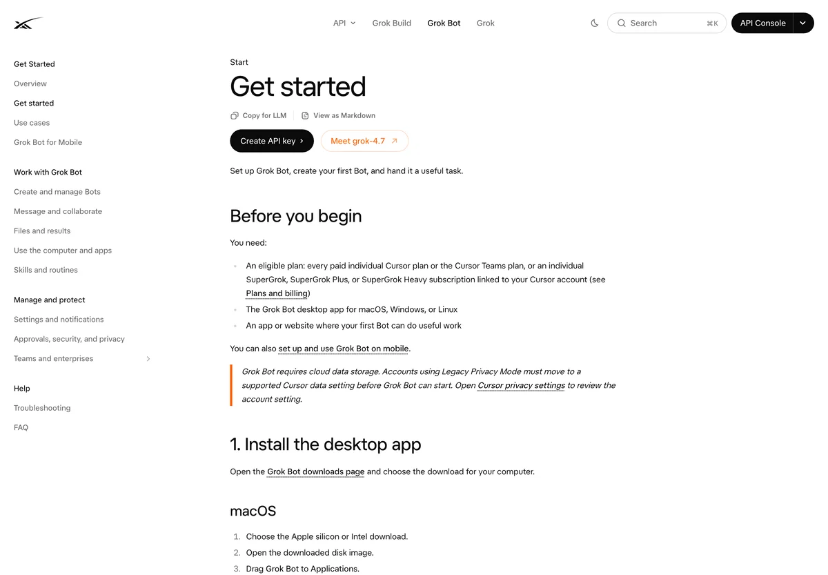 The Grok Bot get-started documentation showing the setup flow and platform support
