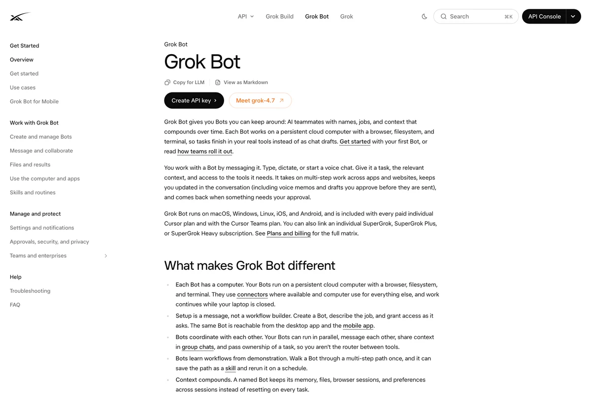 The official Grok Bot documentation overview page describing the persistent cloud computer model