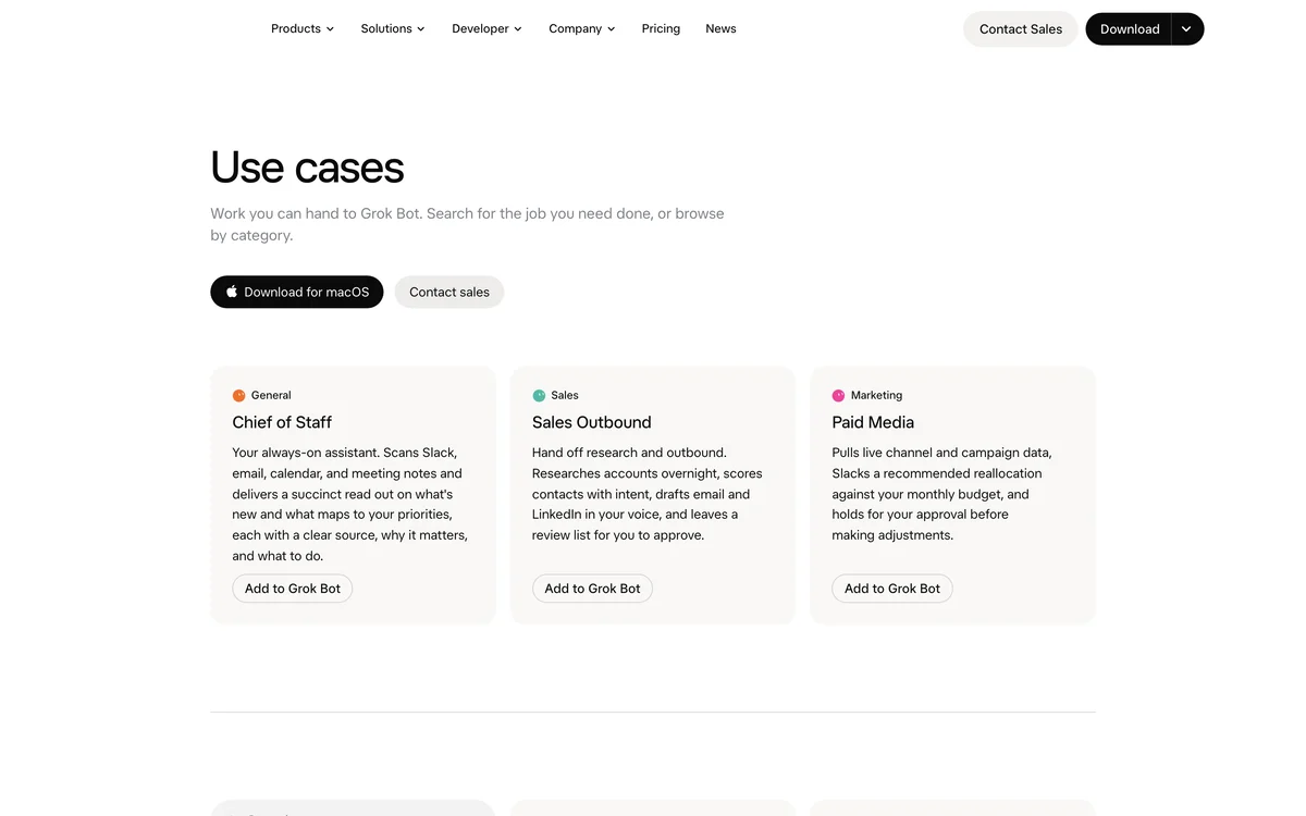 The Grok Bot landing page, showing the product positioning as AI teammates that finish the work