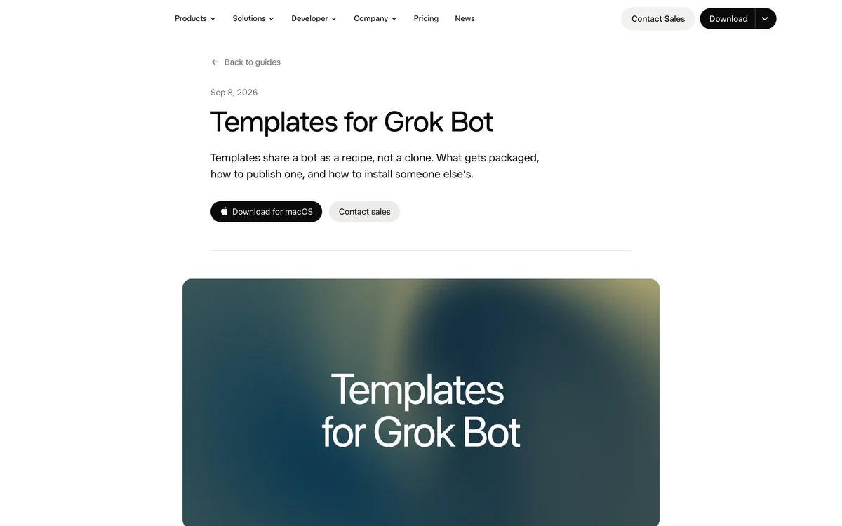 The official Grok Bot guide on templates, showing the template library and categories