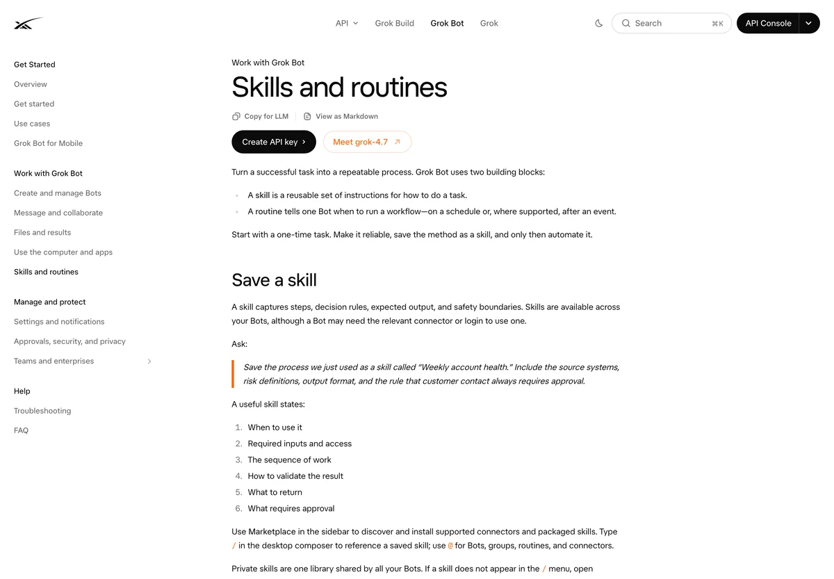 The official Grok Bot documentation on skills and routines, showing how a saved procedure is reused