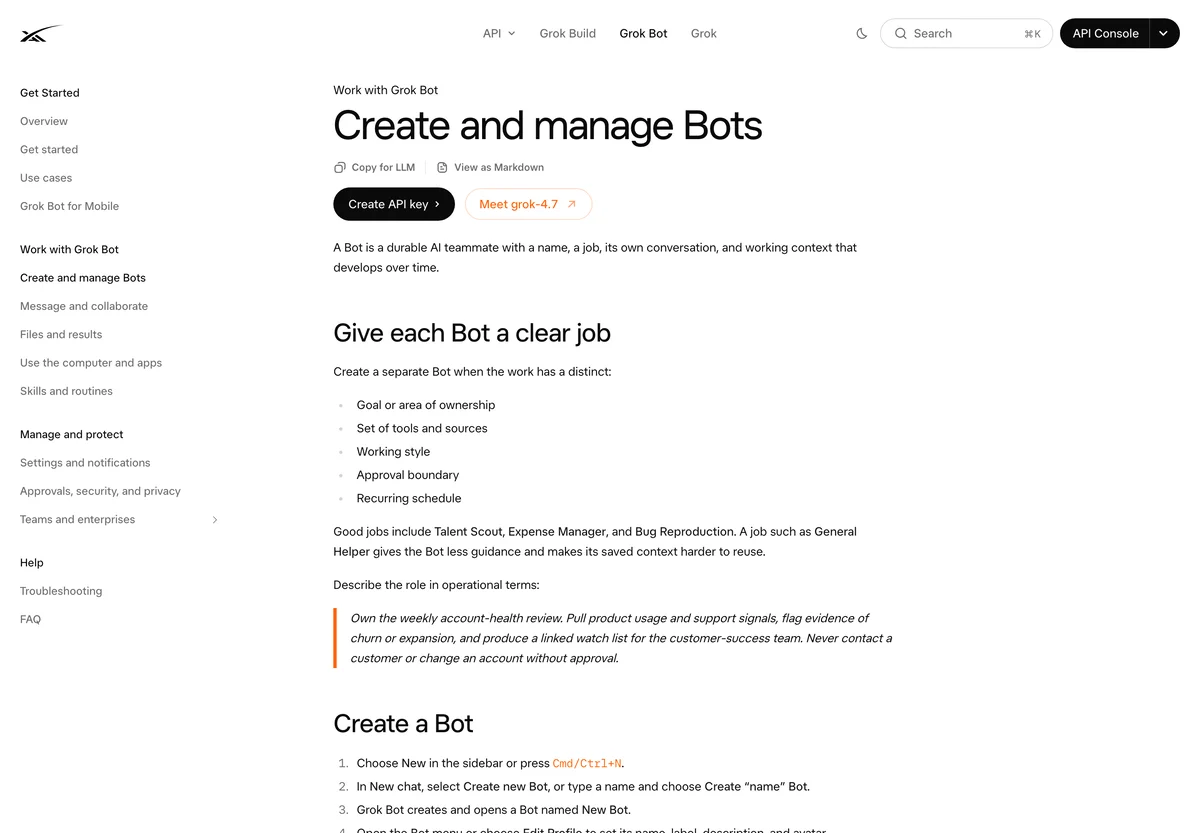 The official Grok Bot documentation on creating and managing Bots, where routines are attached to a Bot
