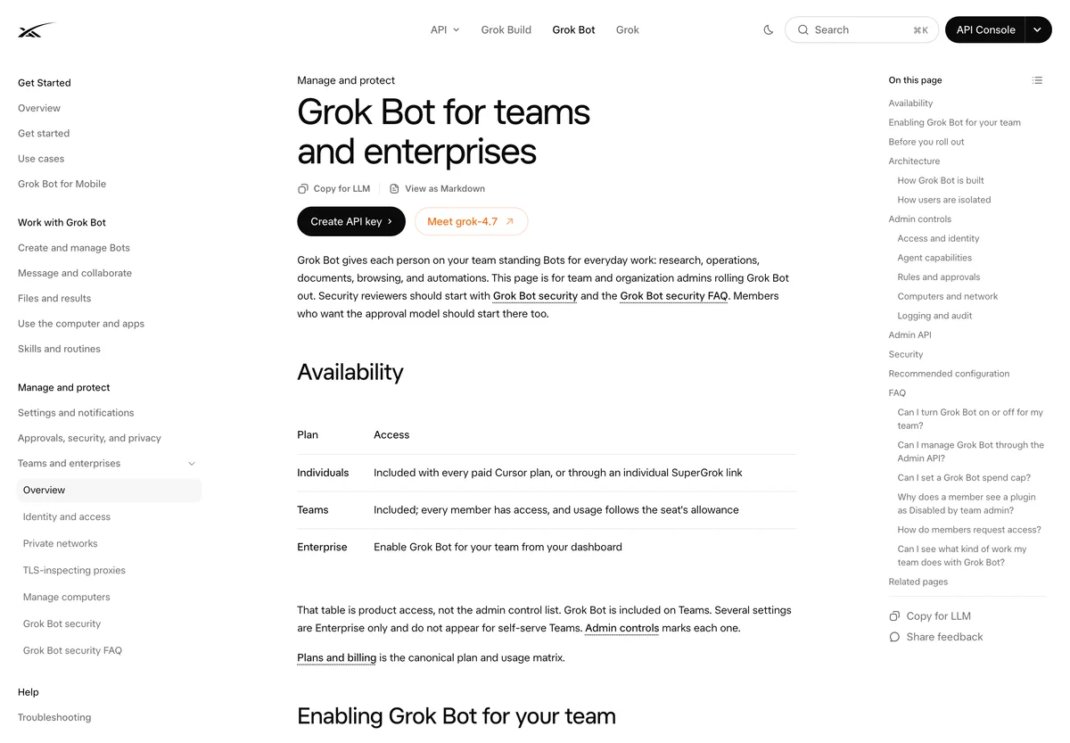 The official Grok Bot documentation on teams and enterprises, covering admin controls and rollout