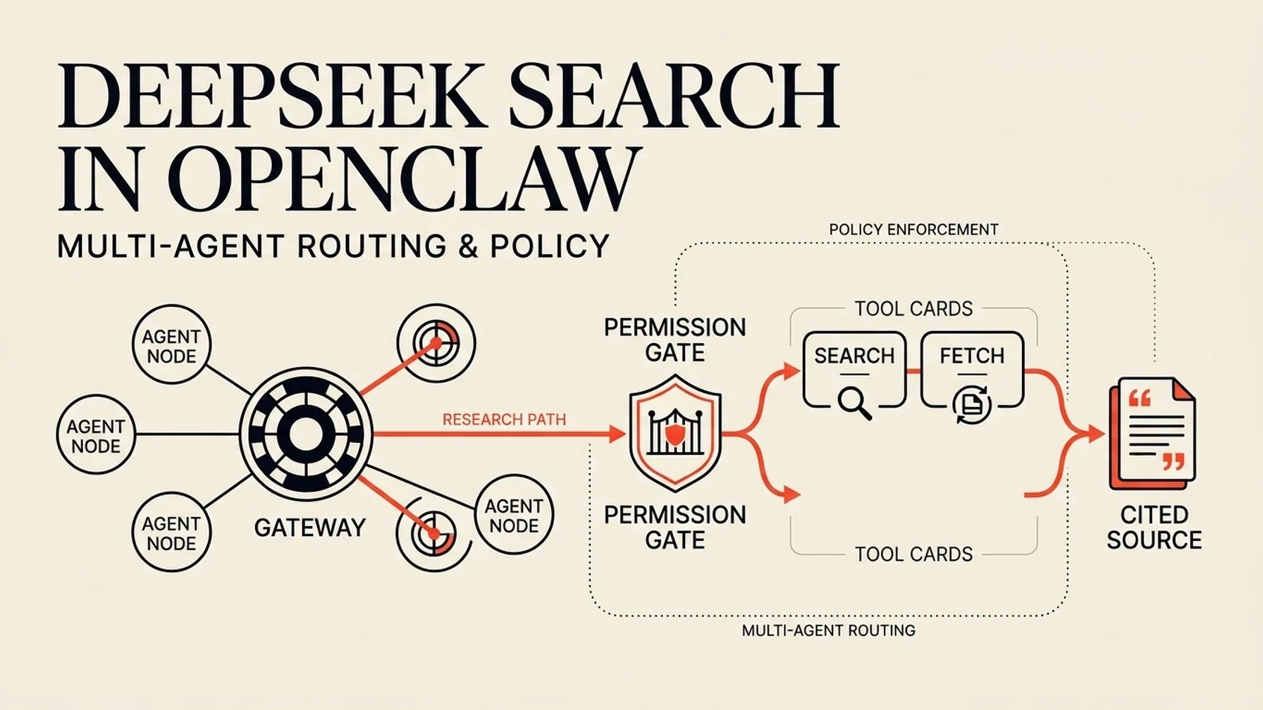 OpenClaw Gateway routes DeepSeek Search and Fetch through agent-level access policy to a cited source.